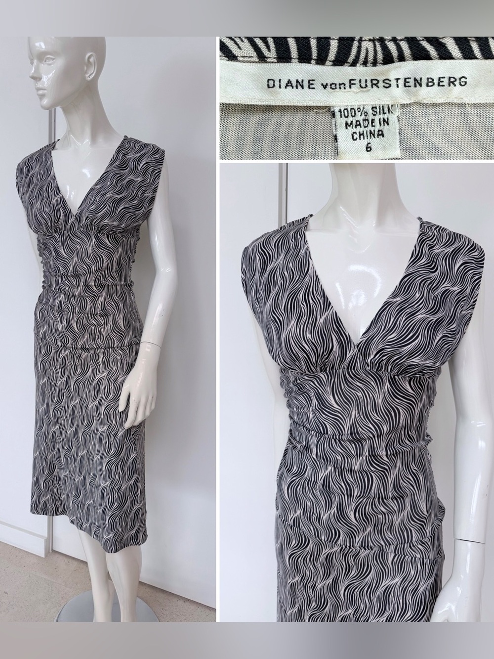 VTG 2000s Diane von Furstenberg DVF Silk Wave Print Midi Dress Monochrome Size S